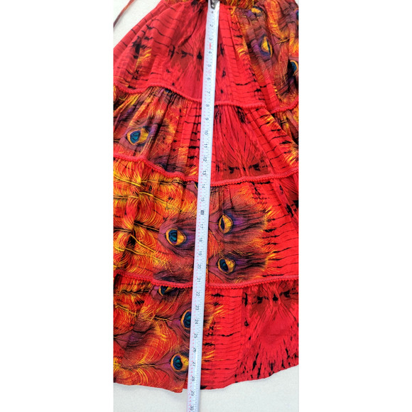 Rose by Paruay Boho Maxi Dress Red Peacock Feather Print Off Shoulder Tassel M/L - Picture 10 of 11
